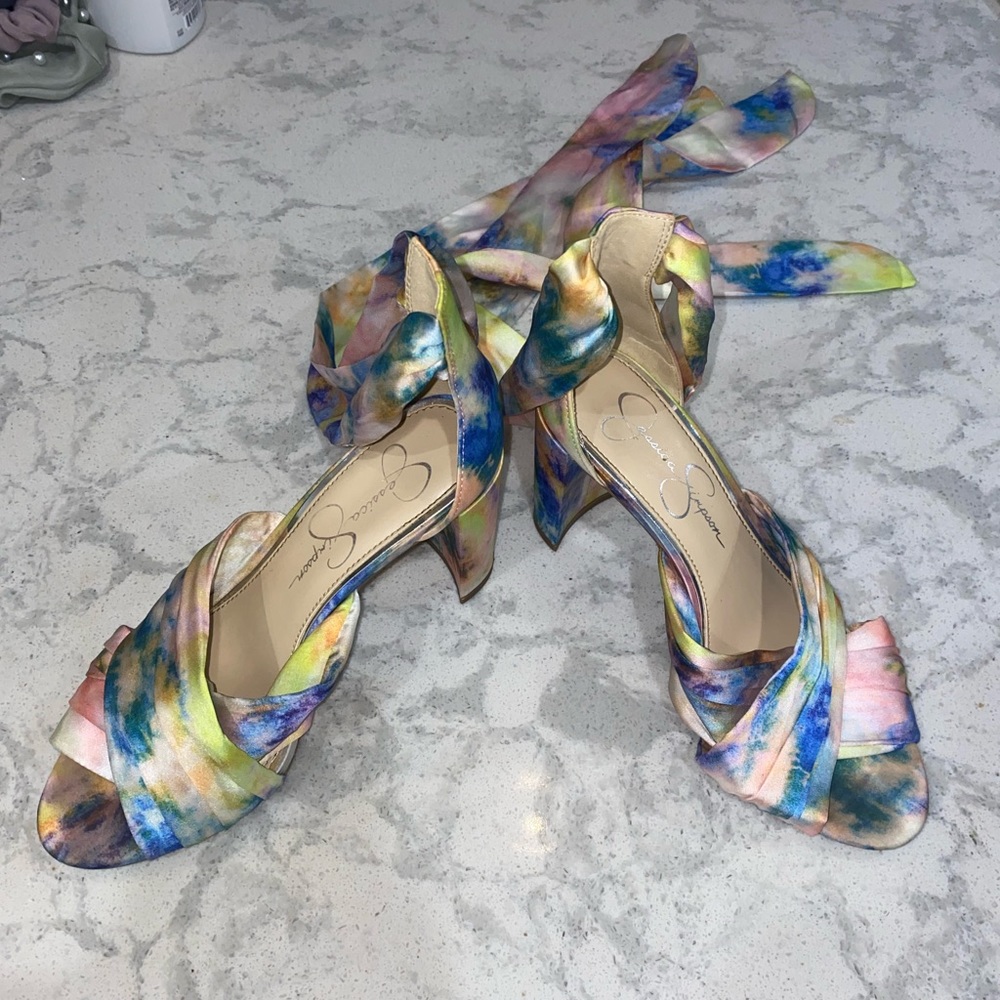Jessica Simpson wrap ankle watercolor heels